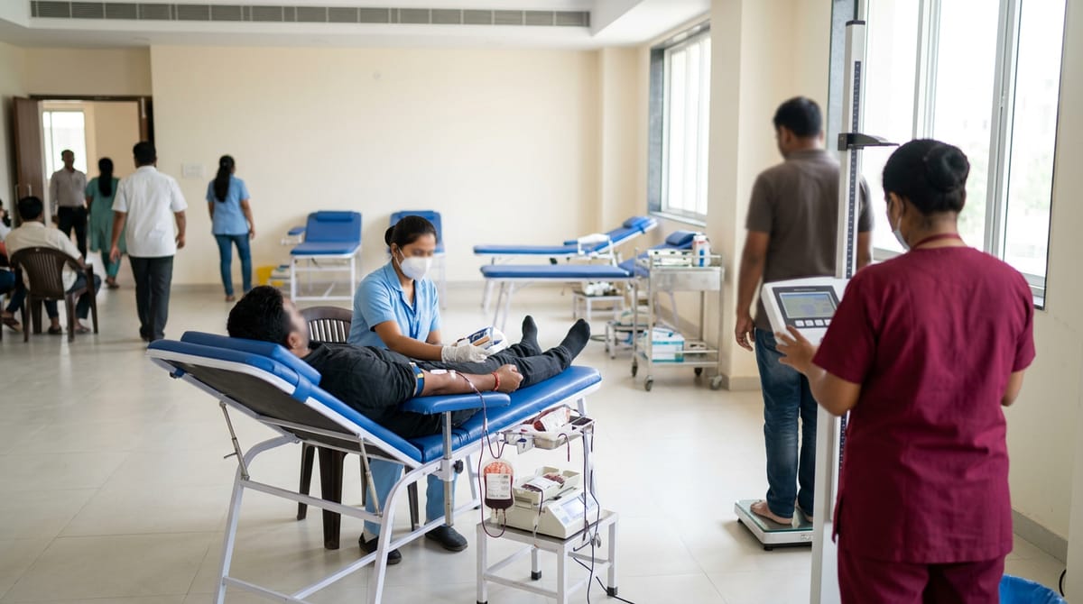 In a blood donation camp, one person is donating blood while another is checking their weight.