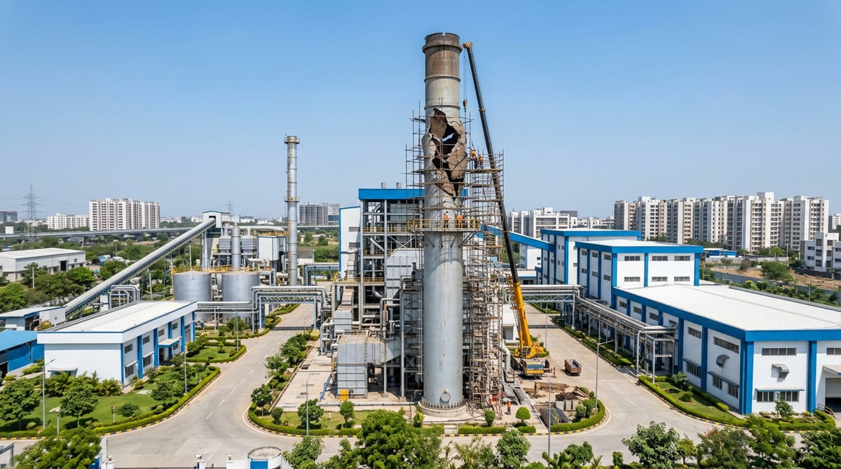 Aerial view of a large industrial plant with a tall chimney and multiple buildings surrounding it.