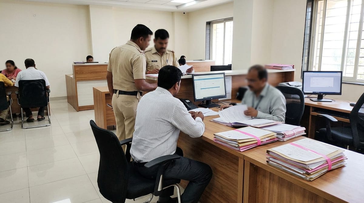 In an office, two police officers are talking to a man, while others are busy with their work.
