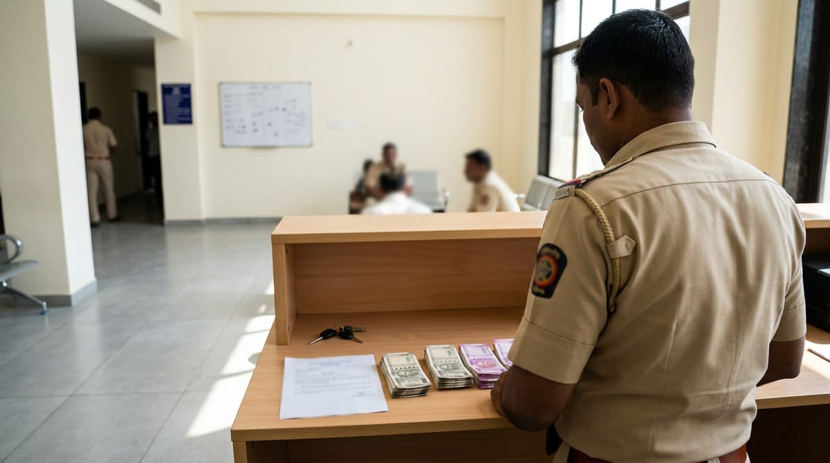 A police officer, with keys, documents, and bundles of cash visible on the table in front.