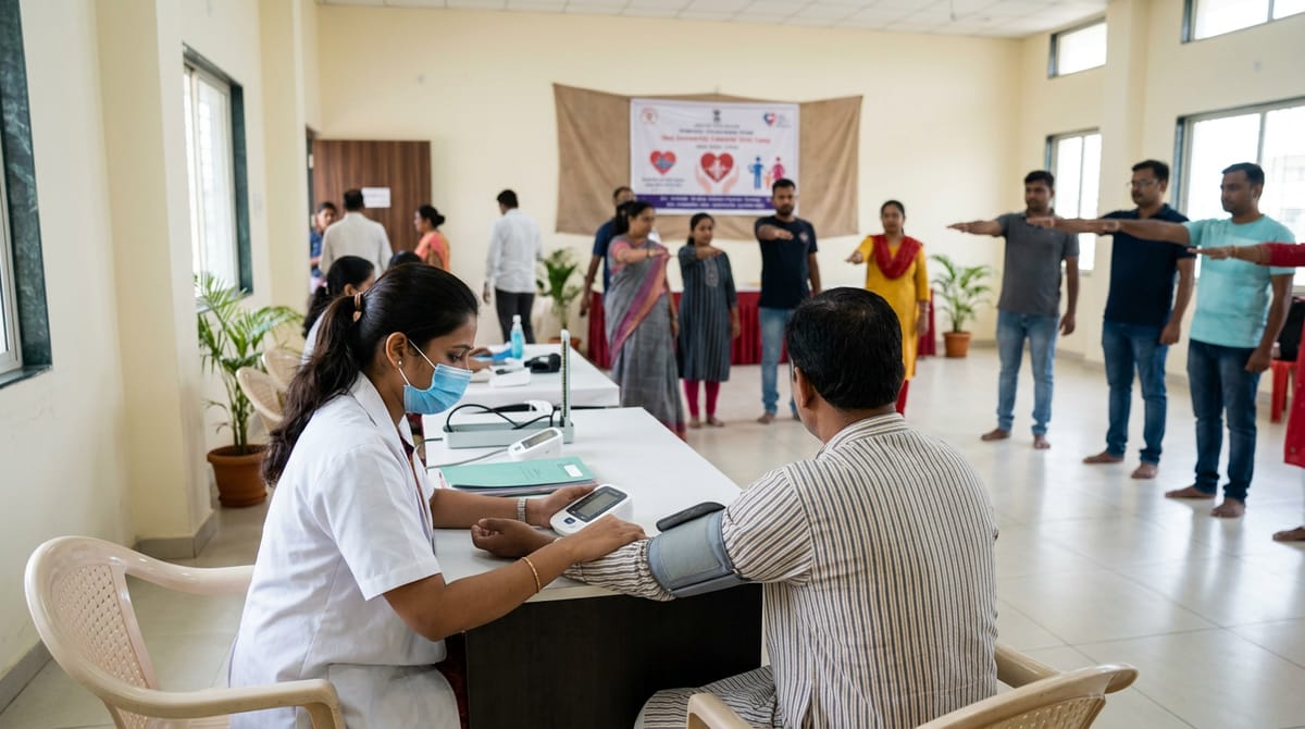 A nurse in a mask checks a man's blood pressure, while other people stand in the background.