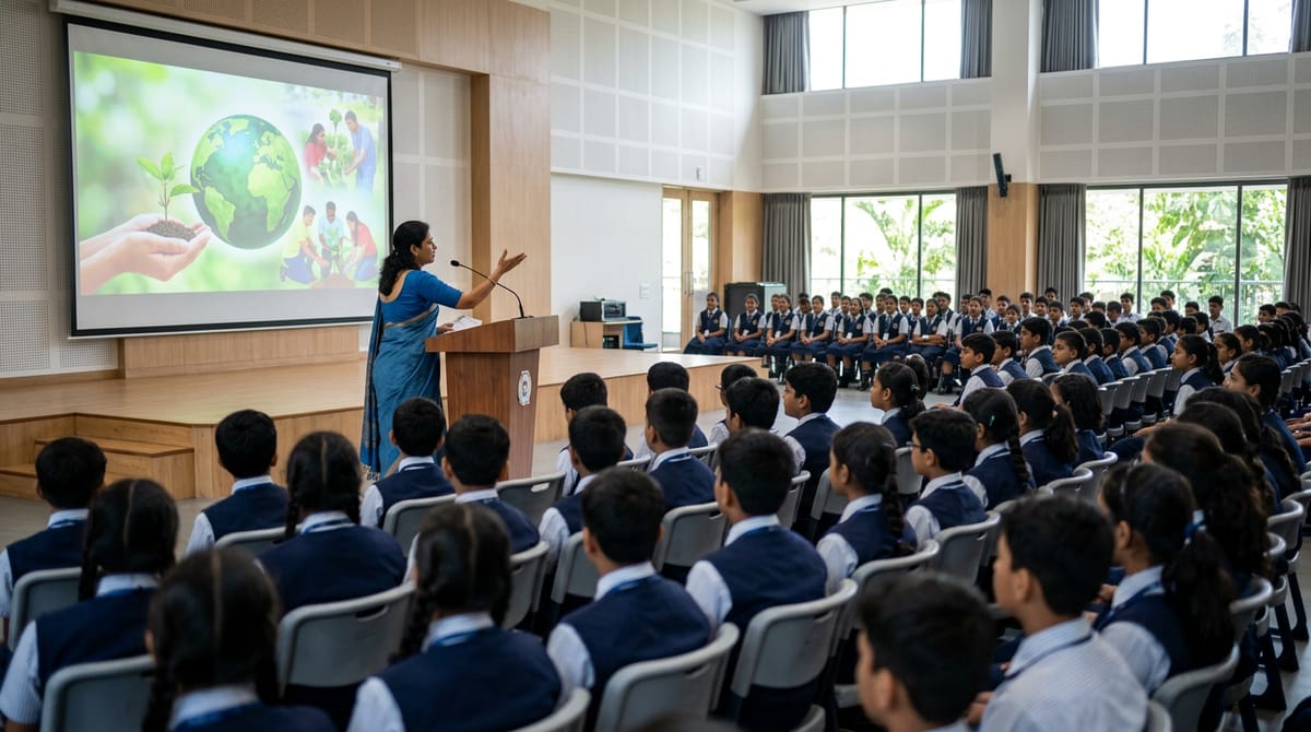 एक महिला शिक्षिका छात्रों के एक बड़े समूह को प्रस्तुति दे रही है।