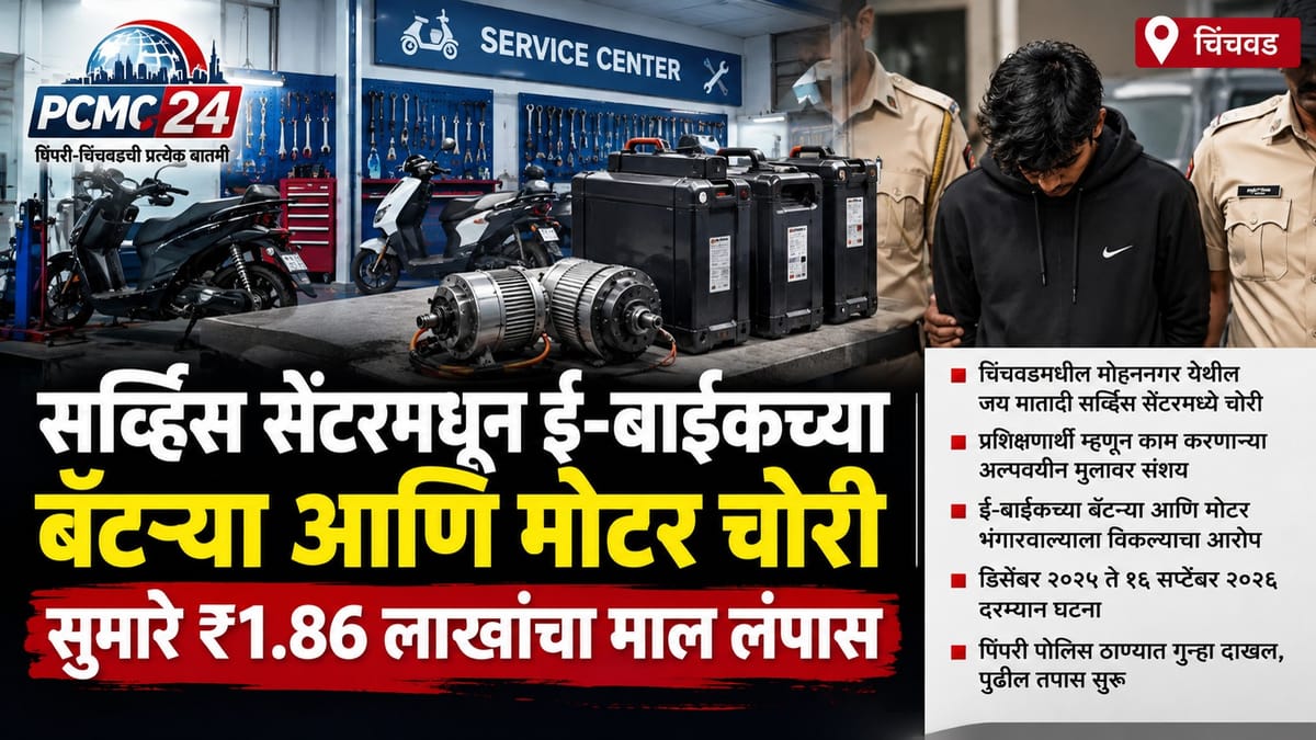 ई-बाइक सर्विस सेंटर में बैटरी और मोटर्स, और दो पुलिस अधिकारियों के साथ खड़ा एक युवक।
