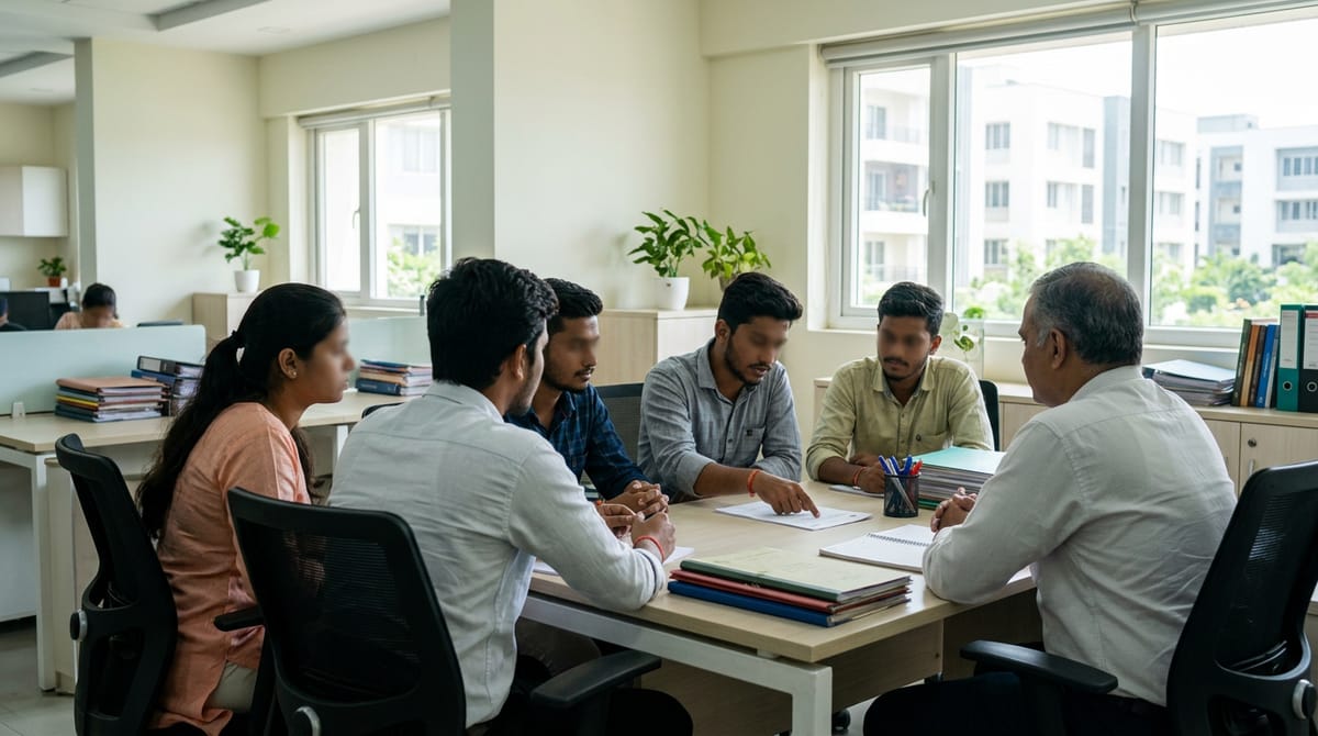 एक महिला और चार पुरुष एक कार्यालय में मेज के चारों ओर बैठकर दस्तावेज़ों पर चर्चा कर रहे हैं।
