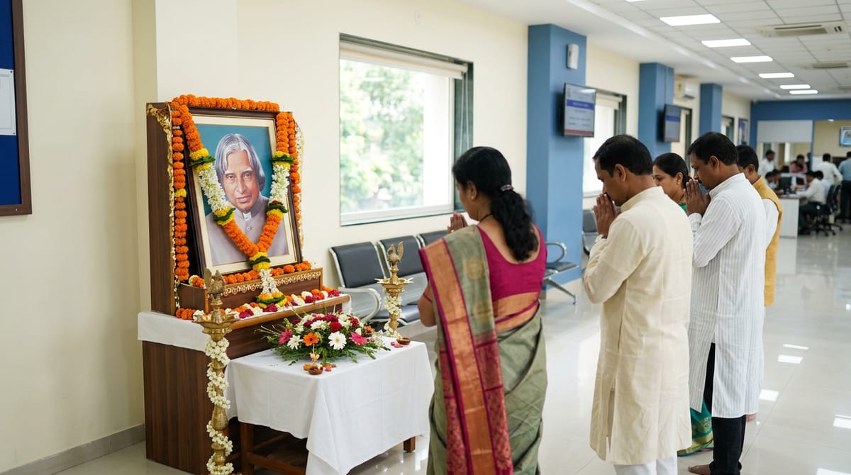 People stand respectfully before a garlanded portrait of Dr. A.P.J. Abdul Kalam.