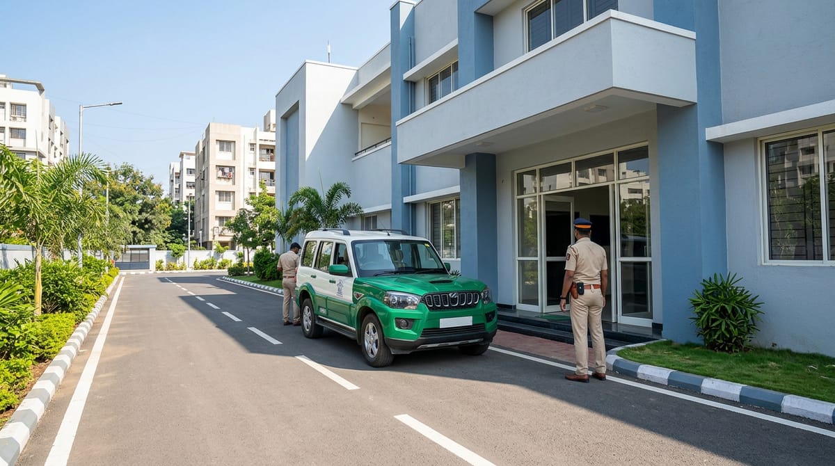 A green and white SUV is parked in front of a building, with two police officers standing near it.
