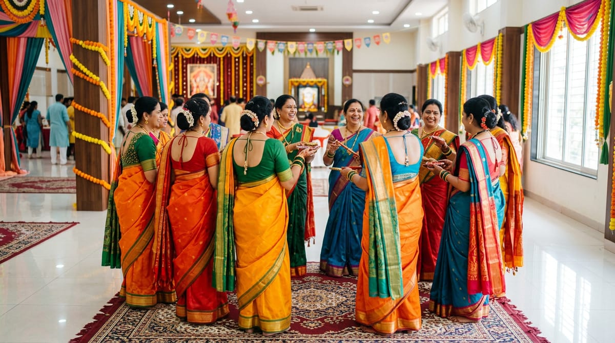 पारंपरिक वेशभूषा में महिलाओं का एक समूह हॉल में खड़ा है, कुछ मुस्कुरा रही हैं।