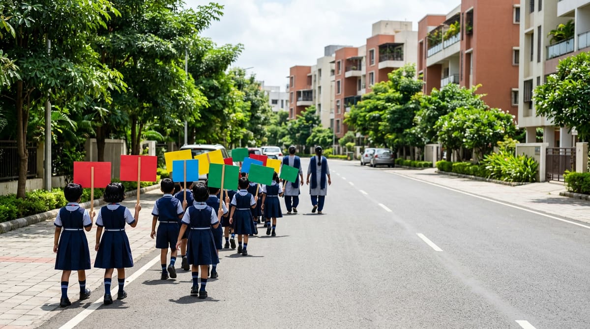 School children walk on a road holding colorful placards.