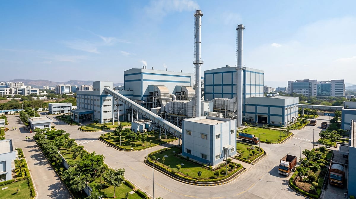 Waste-to-energy plant with large industrial buildings, tall chimneys, and lush greenery.