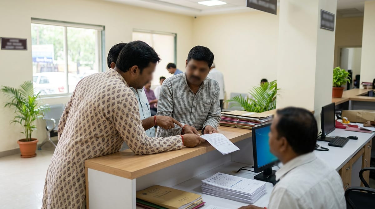 Two men are looking at documents at a counter in an office, while an employee works on a computer.