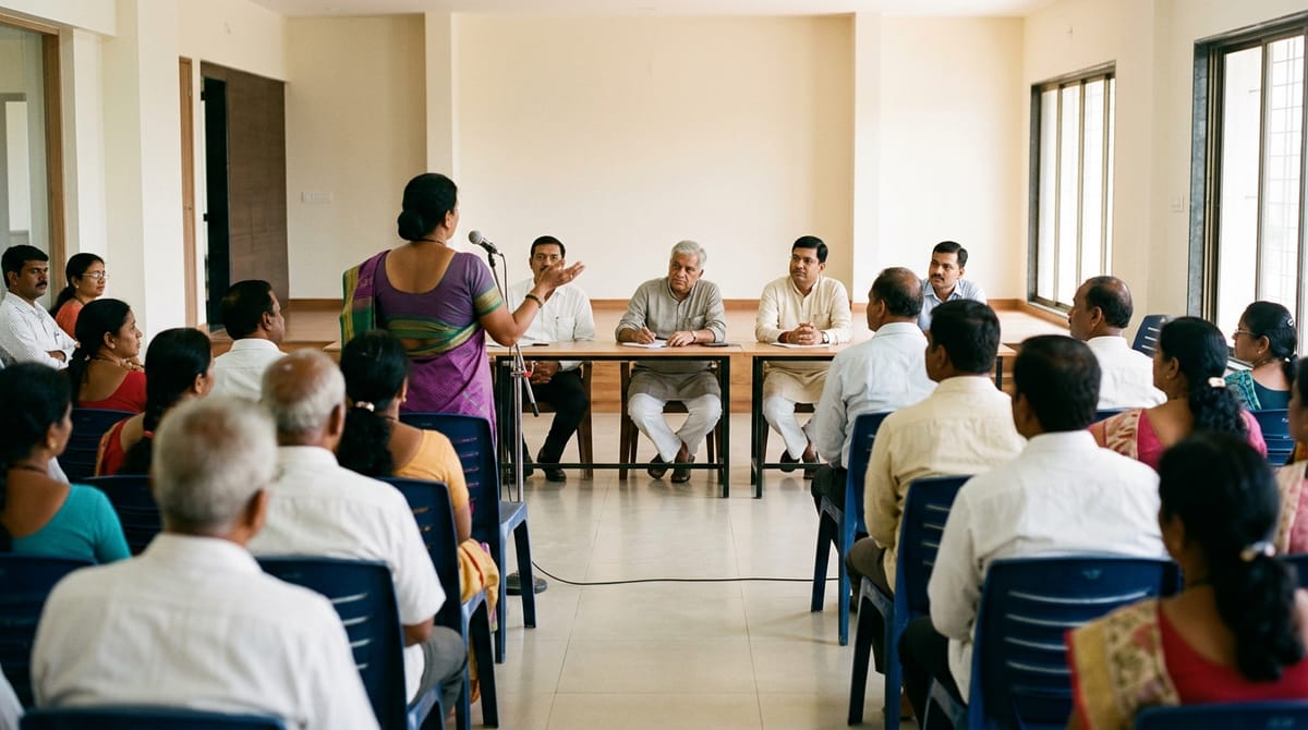 A woman speaks into a microphone in a room, while others sit on chairs listening.