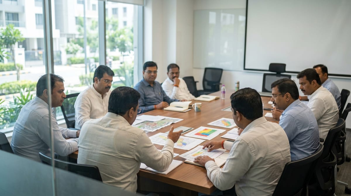 Several men are seated around a large table in a conference room, looking at documents.