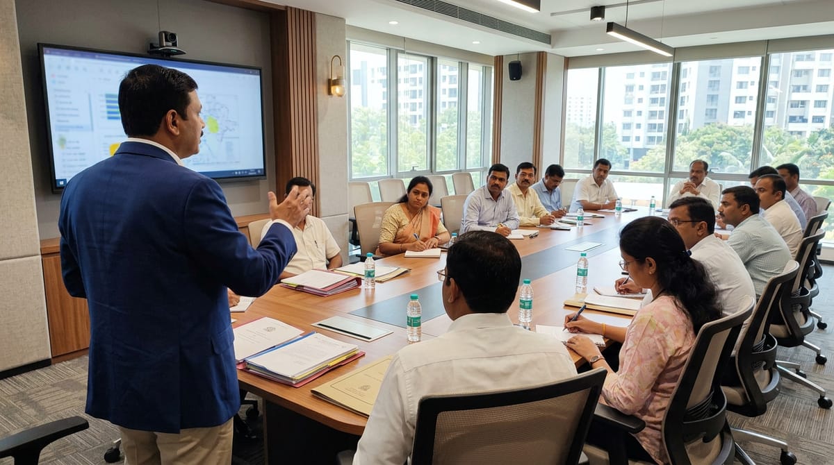 A man gives a presentation in a conference room, while others sit around a table listening.