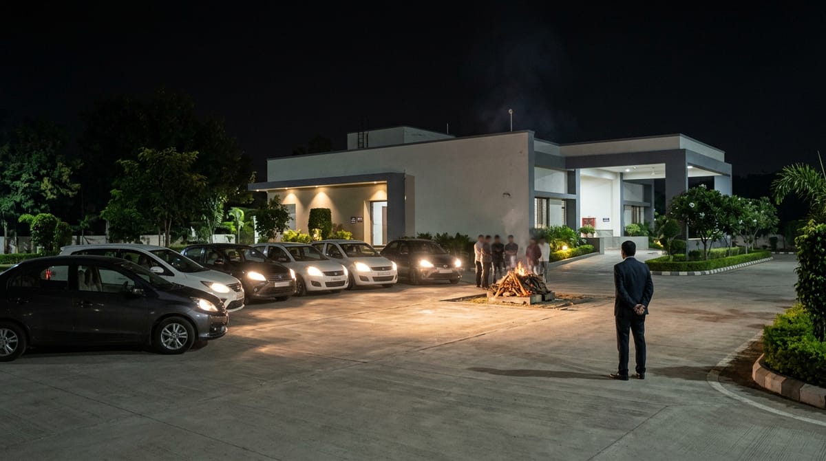 At night, several cars are parked in front of a building, and some people are standing around a pyre.
