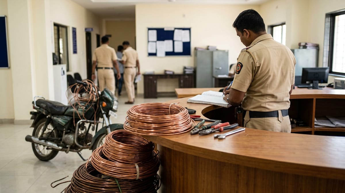 पुलिस स्टेशन में तांबे के तारों के बंडल, एक मोटरसाइकिल और एक पुलिस अधिकारी नोट करते हुए दिख रहे हैं।