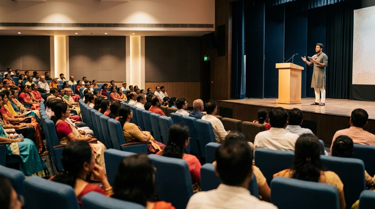 A man stands on a stage addressing an audience seated in an auditorium.