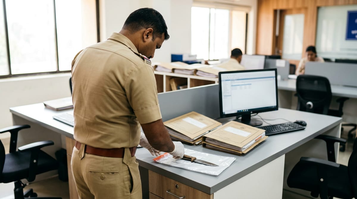 A police officer in an office examines a knife placed on a table.