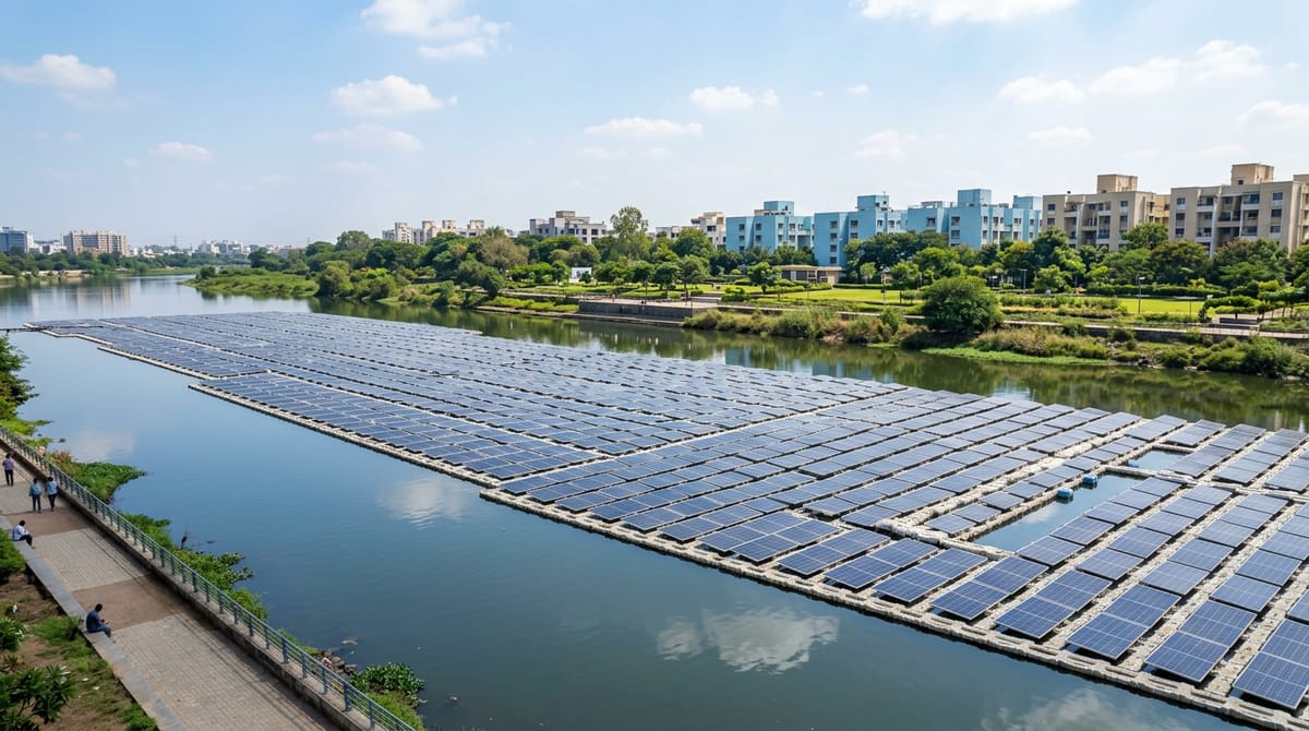 Floating solar panels on a river, with buildings and trees visible on the riverbanks.
