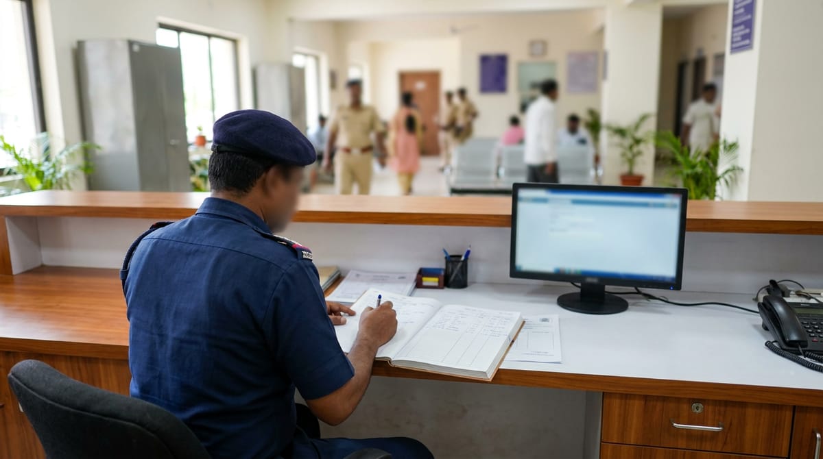 एक व्यक्ति वर्दी में डेस्क पर बैठा रजिस्टर में लिख रहा है, पृष्ठभूमि में अन्य लोग दिख रहे हैं।