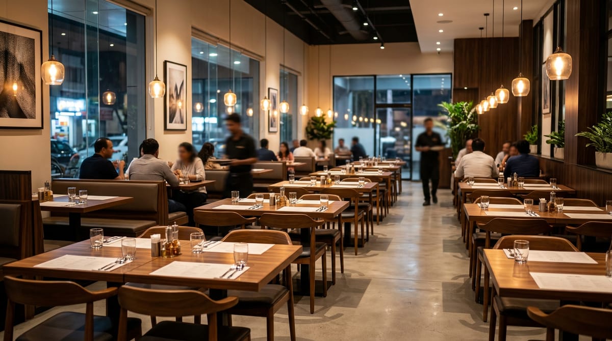 A restaurant dining area with several people seated at tables and a waiter walking through.