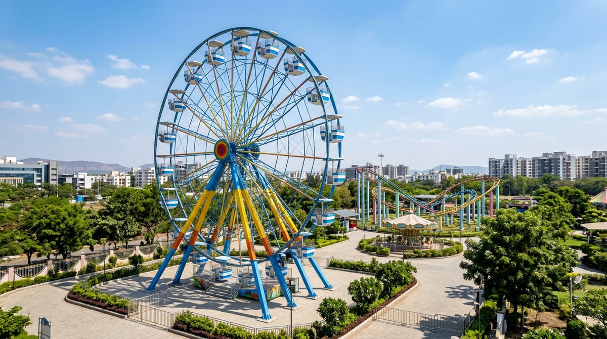 A large Ferris wheel and roller coaster at Appu Ghar in Nigdi, with lush trees and buildings in the background.