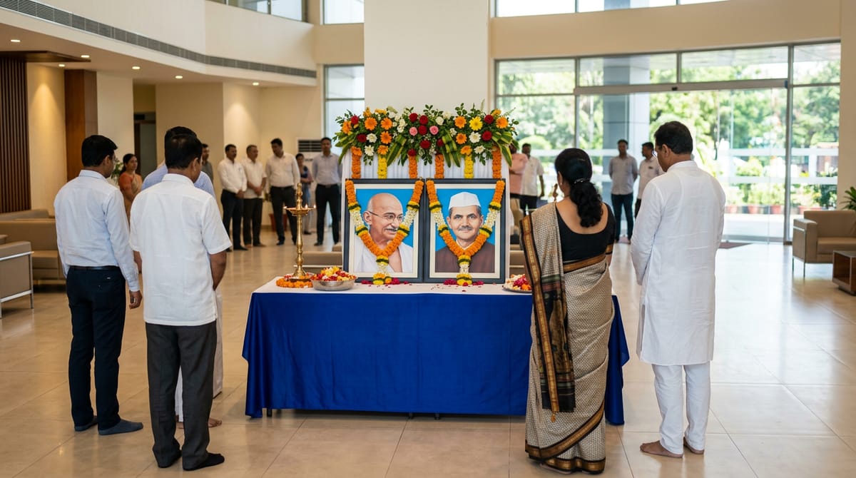 People garlanding portraits of Mahatma Gandhi and Lal Bahadur Shastri as a tribute.