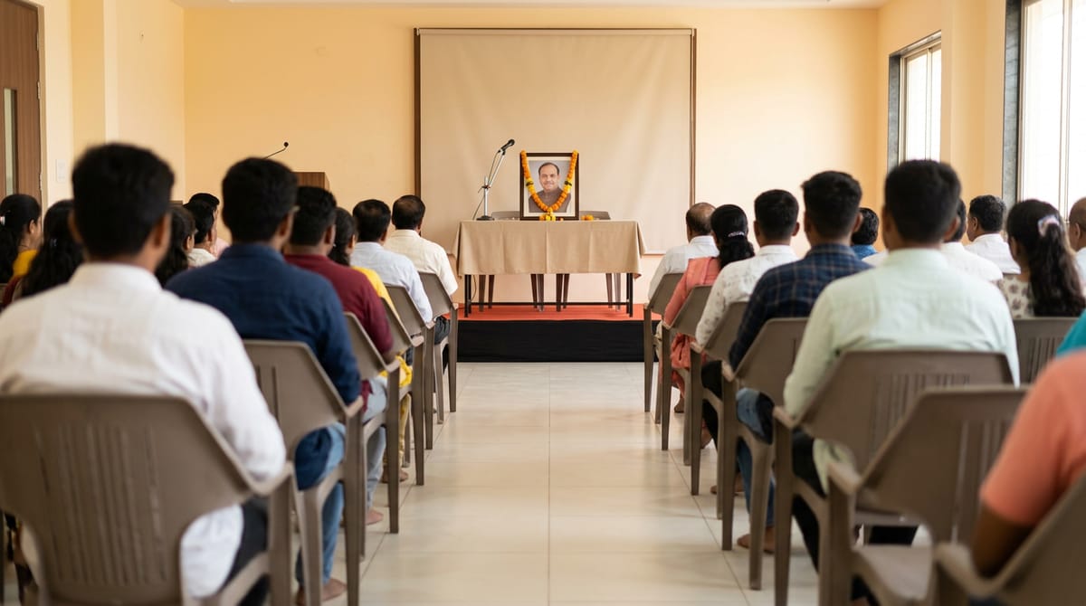 People are seated on chairs in a hall, facing a garlanded portrait on a table at the front.