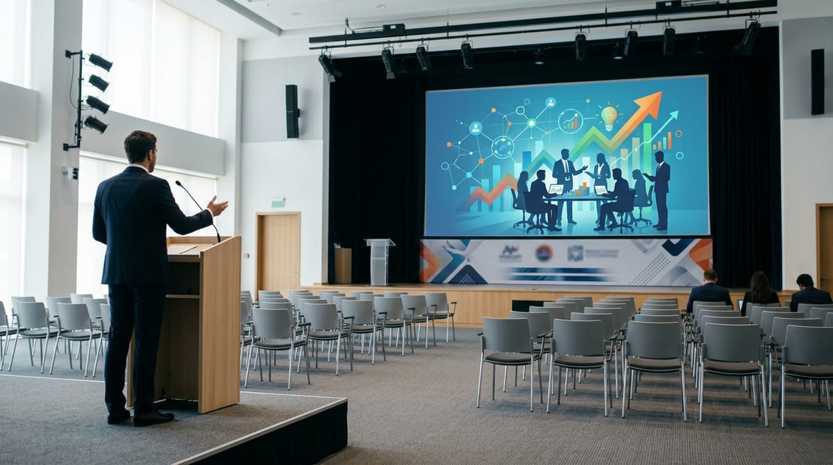 A man stands at a podium, presenting to an audience, with a few people seated in chairs.