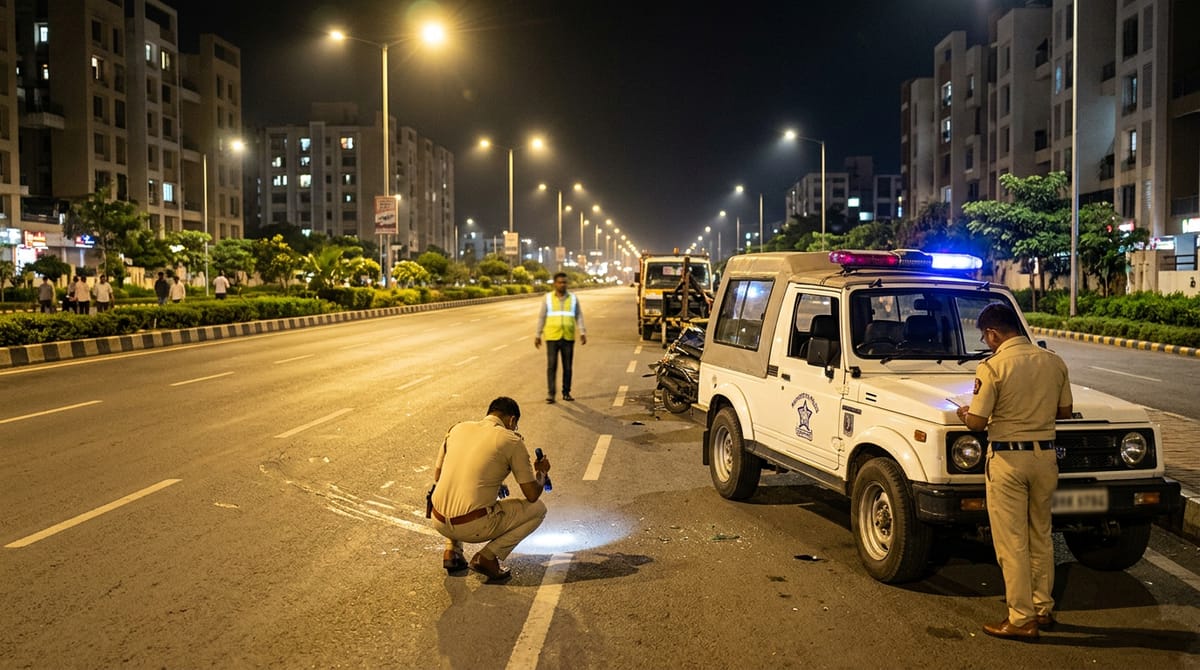 Police officers inspecting an accident scene on a road at night.