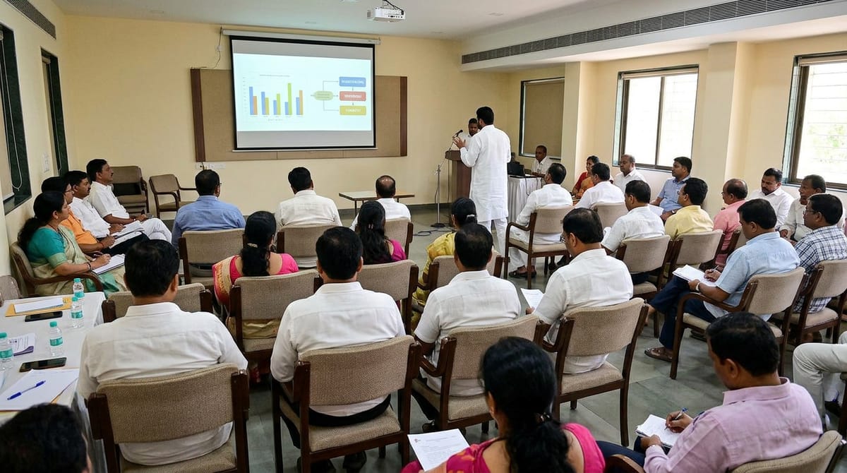 People are seated in a room, watching a presentation on a screen.