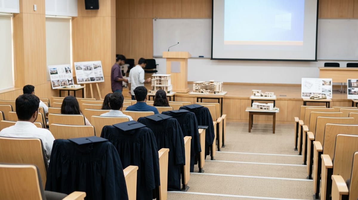 Students are seated in an auditorium, with architectural models and design boards visible on the stage.