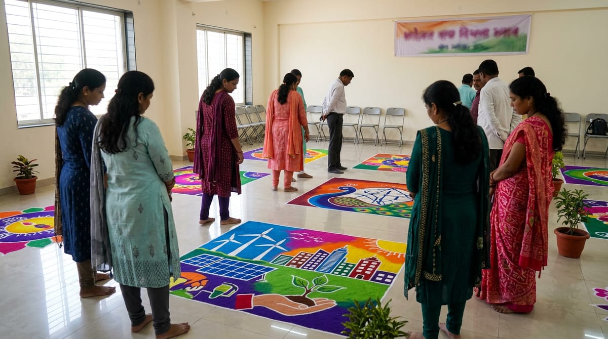 People are observing colorful rangolis, featuring concepts like windmills, solar panels, and buildings.