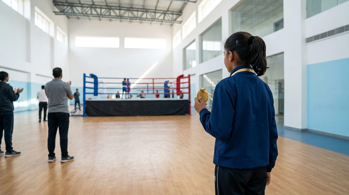 A girl stands holding a gold medal, facing a boxing ring.