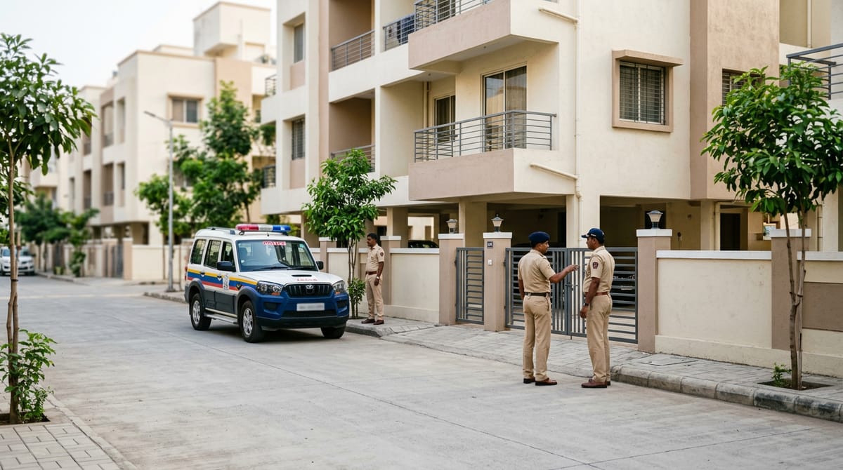 A police van and three police officers are standing on the street in front of a building.