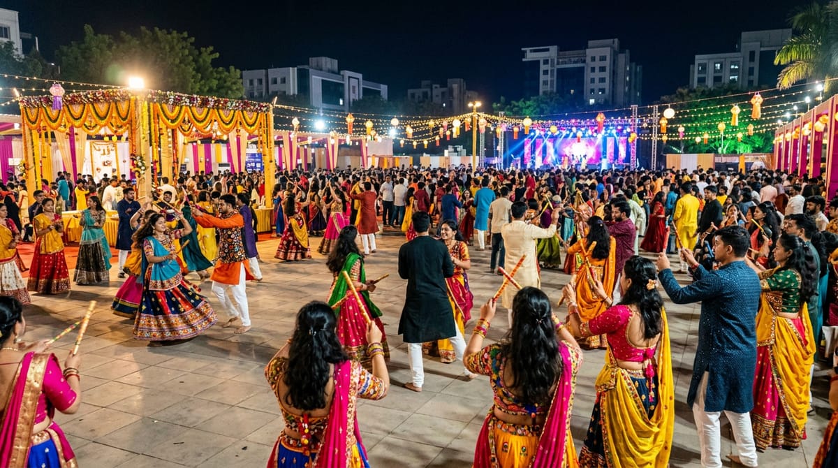 Many people in traditional attire are playing Garba in a large open space at night.
