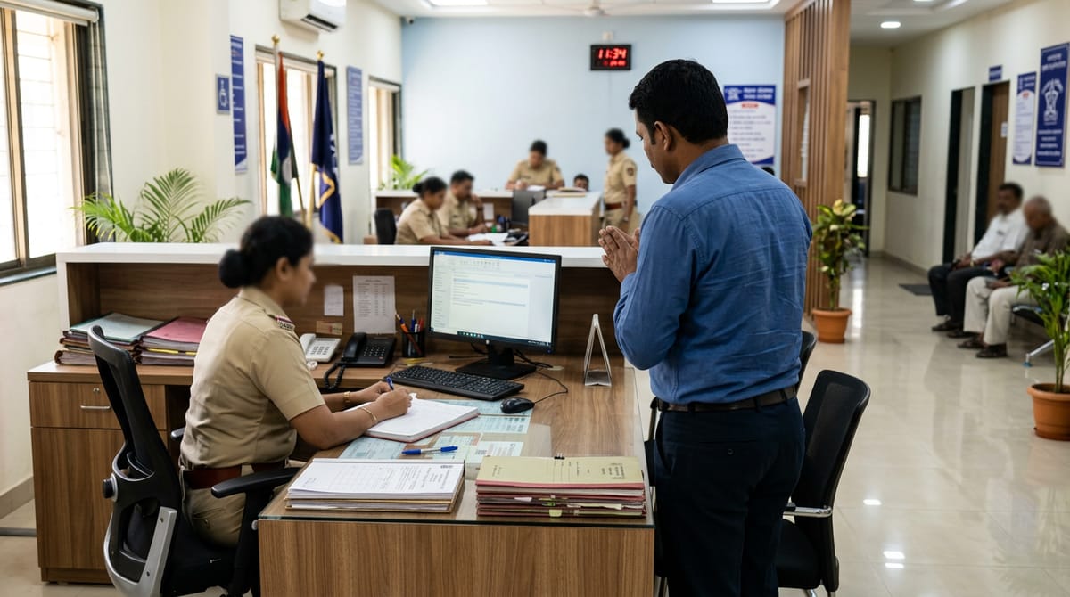 A female police officer works at a desk while a man speaks to her in a police station.