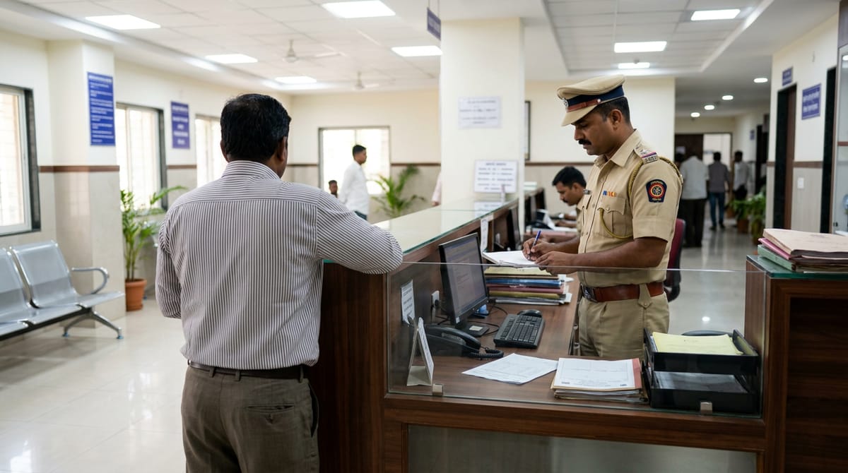 A citizen stands at a counter in a police station while a police officer writes something.