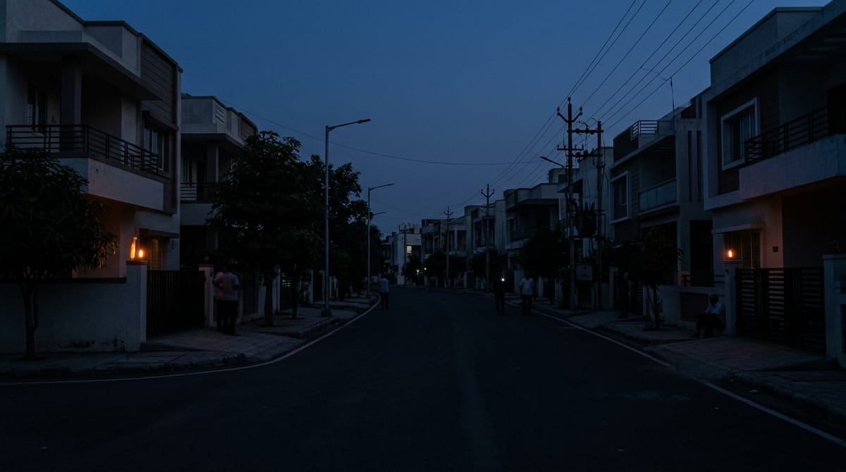 A dark street at night with houses and a few people, one house has a light on.