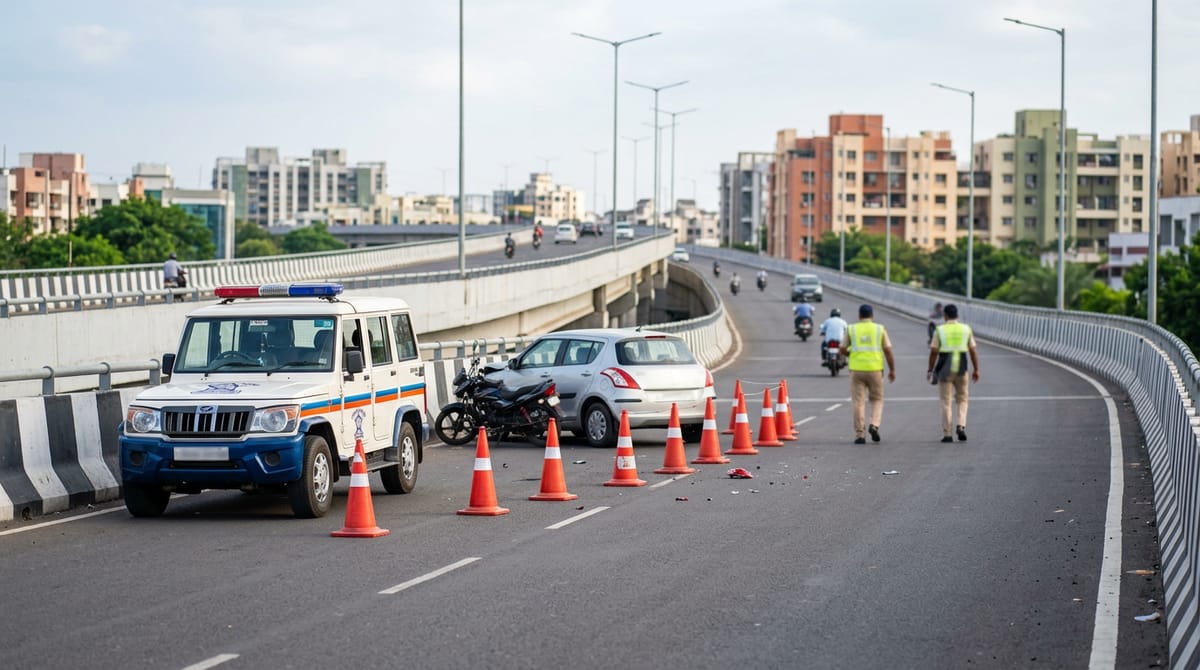 Police vehicle, crashed car, and motorcycle on a flyover, with orange cones marking the scene.