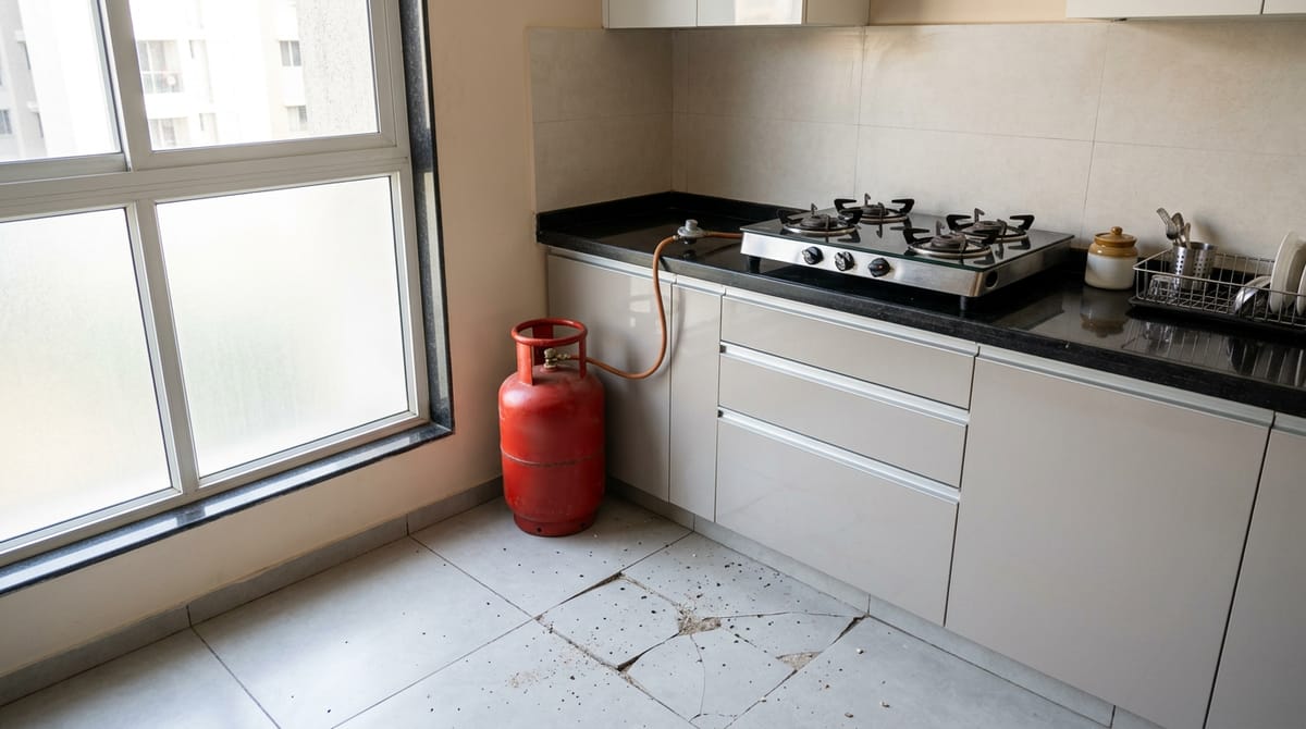 A kitchen with a gas cylinder, stove, and broken floor tiles.