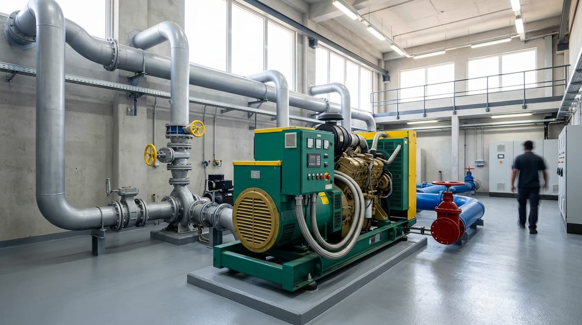Industrial pipes and a generator in a large room, with a man walking away.