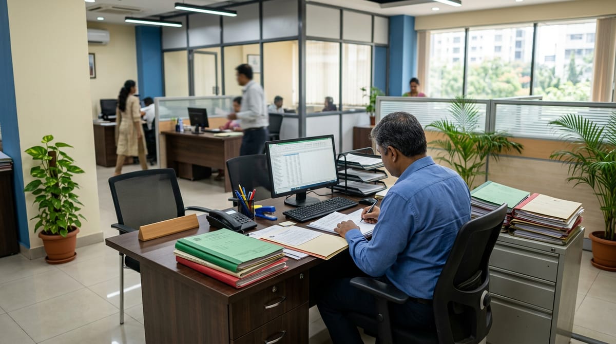 एक व्यक्ति कार्यालय में डेस्क पर बैठकर कागजात पर लिख रहा है, जबकि अन्य लोग उसके आसपास काम कर रहे हैं।