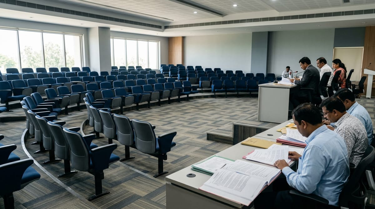 People are seated, reading documents, in a mostly empty auditorium.