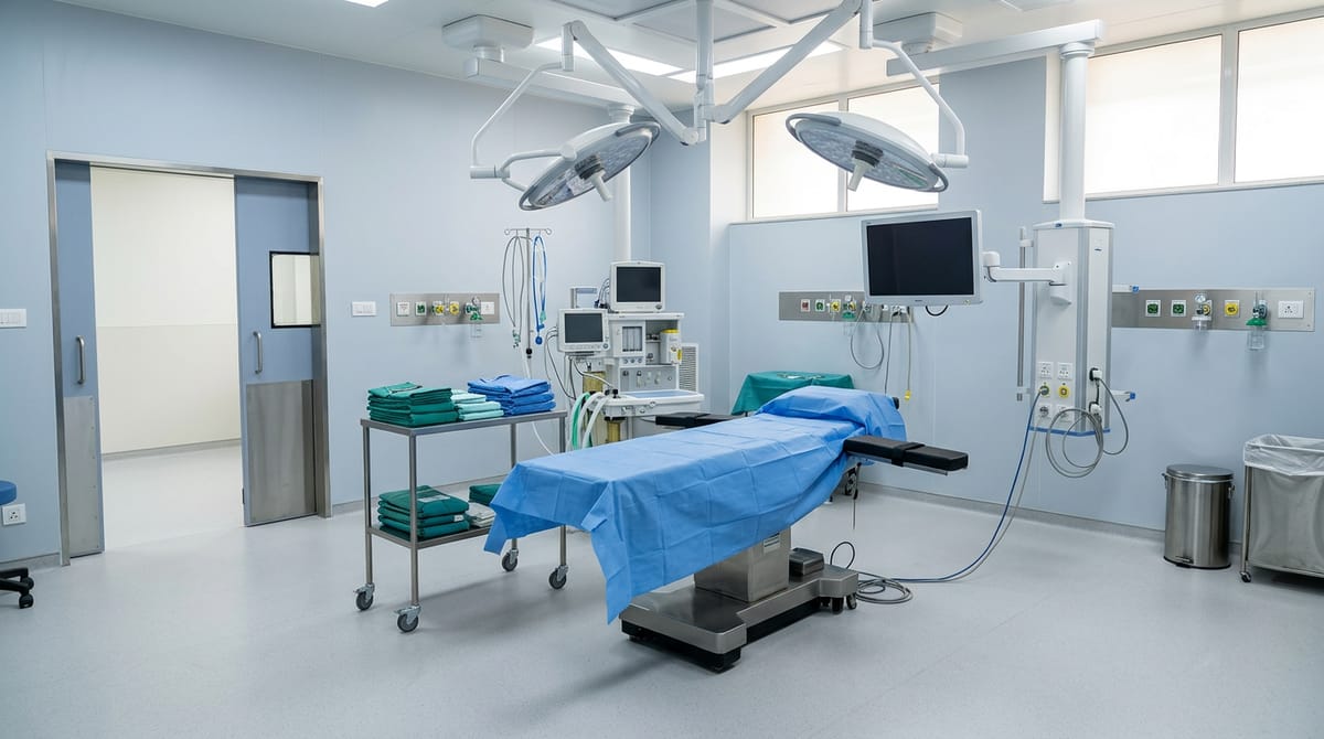 An empty operating theatre with an operating table, medical equipment, and blue drapes is visible.