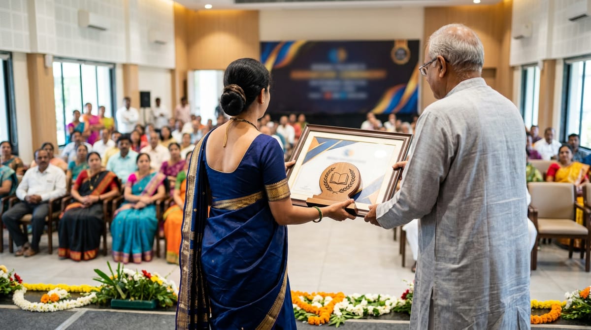 एक महिला एक व्यक्ति से पुरस्कार प्राप्त कर रही है, दर्शक कुर्सियों पर बैठे हैं।