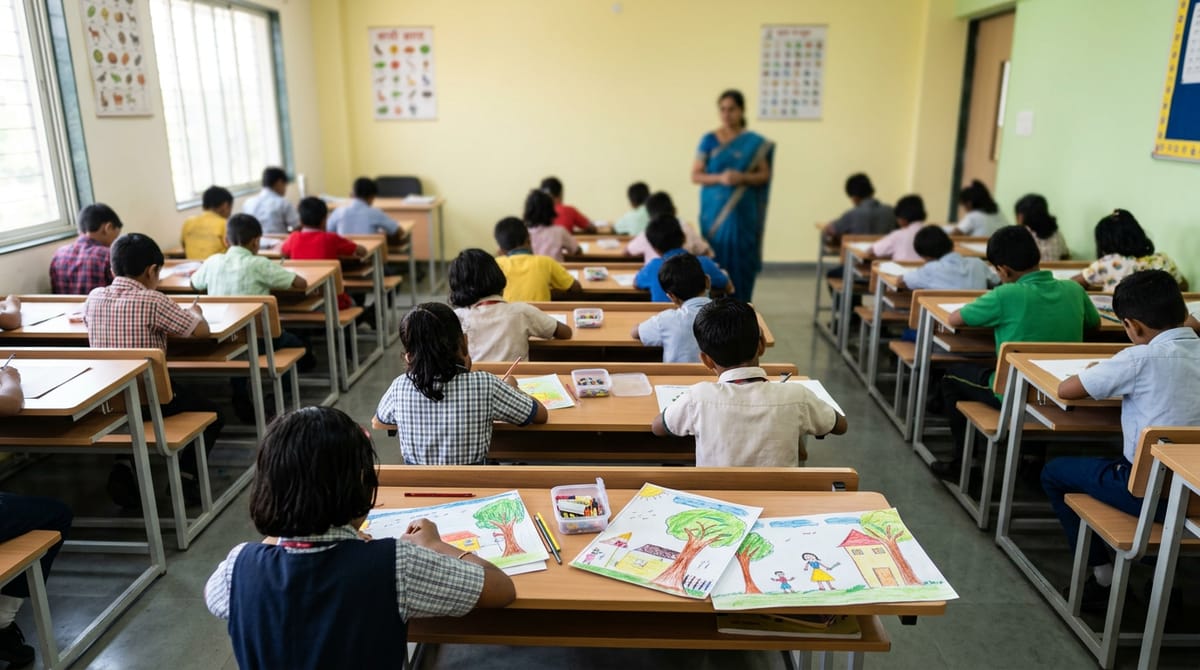 School children are seated at desks, drawing pictures, while a female teacher stands in front of them.
