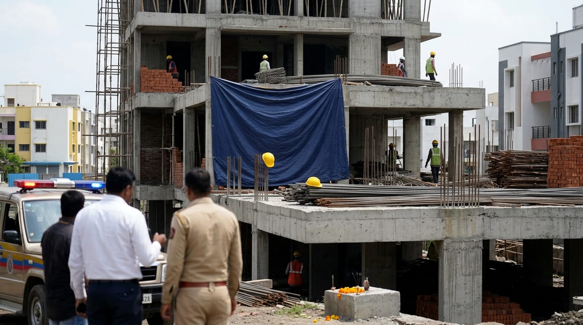 A building under construction, with some workers and police officers.