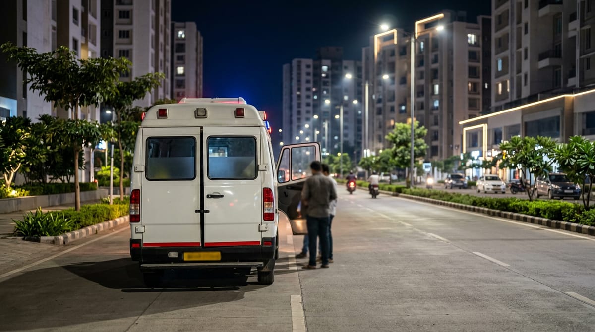 At night, two men stand near an ambulance parked by the roadside, with buildings visible in the background.