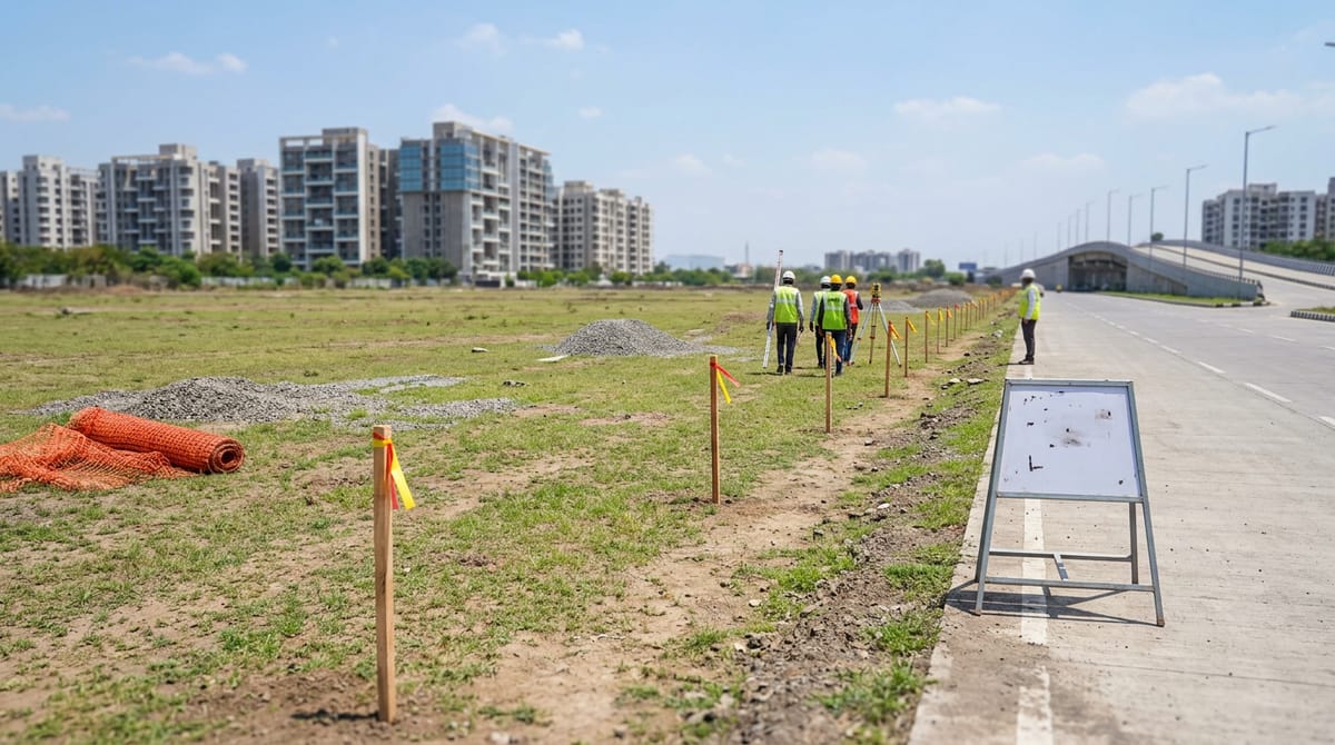 Workers surveying an open plot, with buildings and a road in the background.