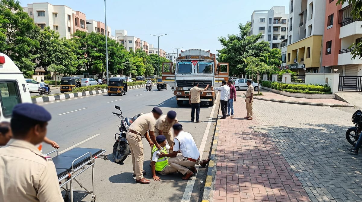 On a road, police officers assist a person, with an ambulance stretcher and motorcycle nearby.